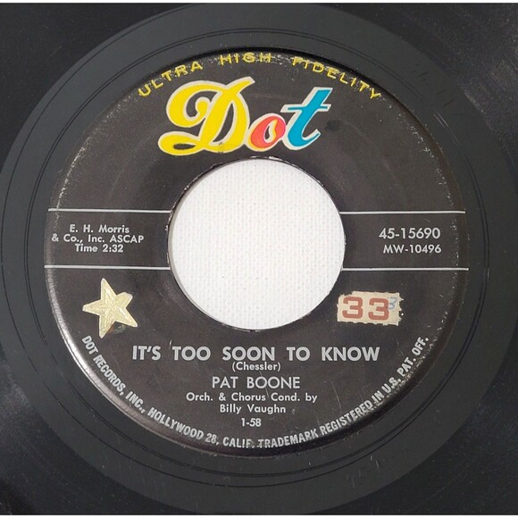 Pat Boone 45 RPM - A Wonderful Time Up There / It's Too Soon To Know - Dot VG - Picture 2 of 2